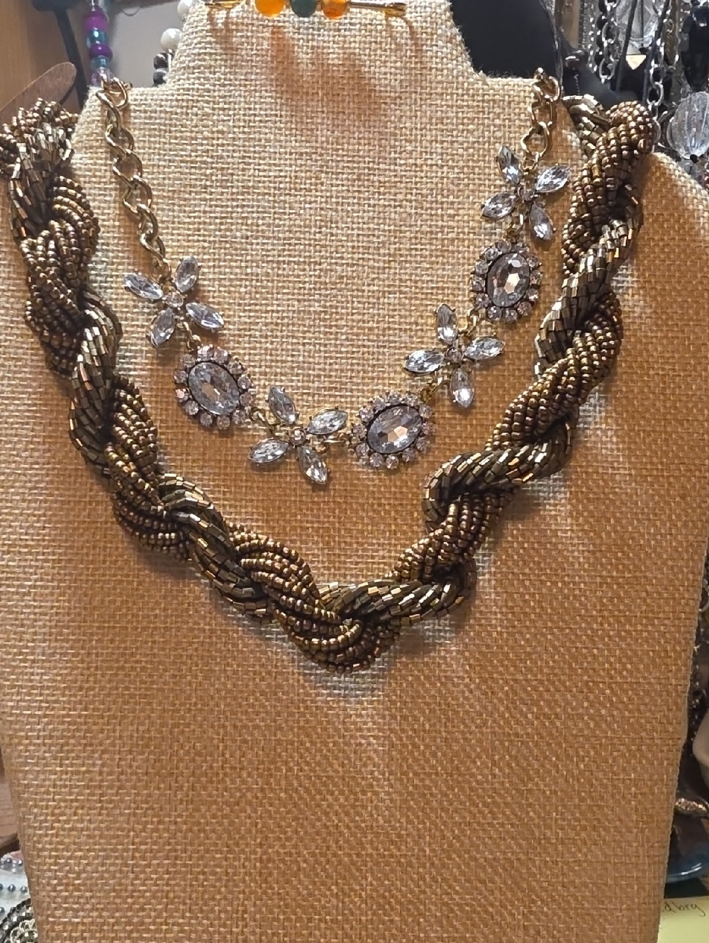 Braided Metallic Gold Statement Necklace with Clear Crystal Accents